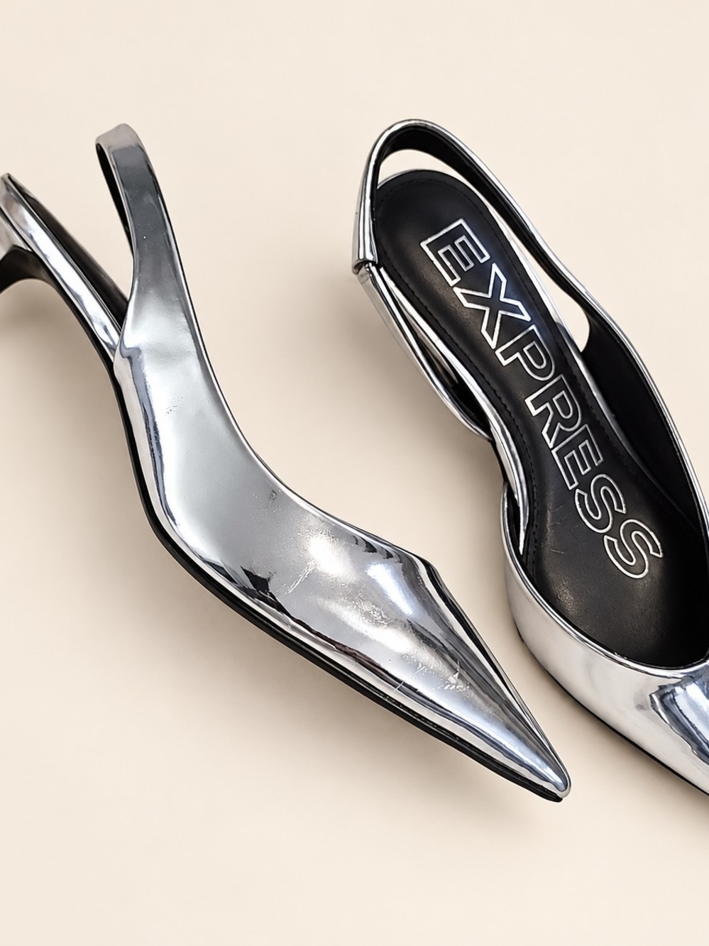 Express Metallic Silver Pointed Slingback Heels Size 8